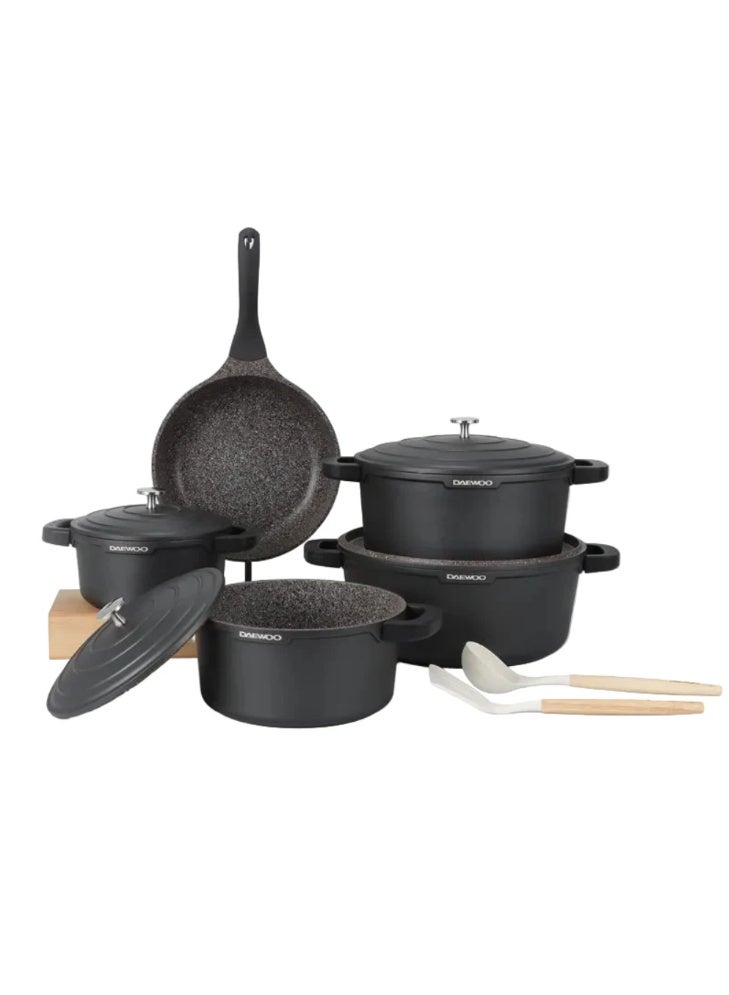 دايو طقم أواني طبخ جرانيت من Daewoo سلسلة AS مكون من 11 قطعة (قدور 32، 28، 24 سم + مقلاة 26 سم + كسرولة 20 سم) مع مقابض سيليكون للأواني وأدوات طبخ - Image 1